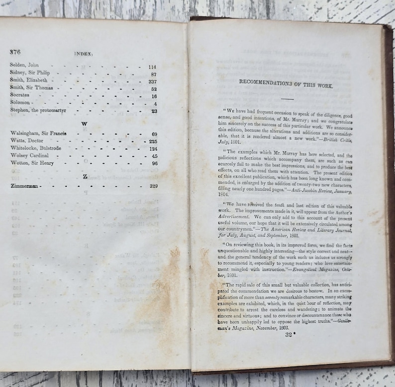 Puede incluir: Libro abierto con p&aacute;ginas envejecidas y amarillentas. La p&aacute;gina izquierda muestra un &iacute;ndice con nombres y n&uacute;meros de p&aacute;gina. La p&aacute;gina derecha contiene texto titulado "Recomendaciones de esta obra". El texto est&aacute; en negro.