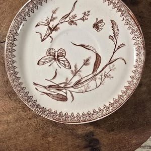 May include: A white ceramic plate with a brown floral and butterfly design. The plate has a decorative border and is set on a wooden surface. The design includes detailed illustrations of butterflies and plants.