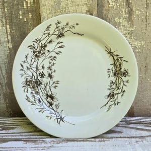 May include: A round, off-white ceramic plate featuring a dark brown botanical illustration of wildflowers and grasses arranged in a curved, wreath-like pattern along the left and right sides, leaving the center of the plate clear and empty.