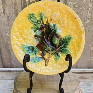 Antique Majolica Plate: Yellow Basket Weave, White Flowers, Victorian Pottery