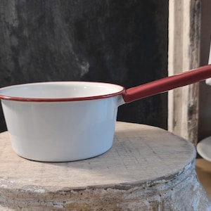 Vintage Red and White Enamelware Saucepan - Small Retro Kitchen Cookware - Mid Century Farmhouse Decor - Enamel Pot with Handle