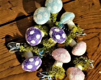 Miniature Spun Cotton Pastel Button Mushrooms Vintage Inspired Handmade Clip-on Mushroom Ornaments Spring Easter Decor