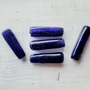 5 Vintage 1 1/2&quot;- 2&quot; Cobalt Blue Blown Glass Beads Tube Shaped Jewelry Making Beads Boho Style Beads