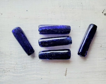 5 Vintage Cobalt Blue Blown Glass Tube Beads: Boho Jewelry Making