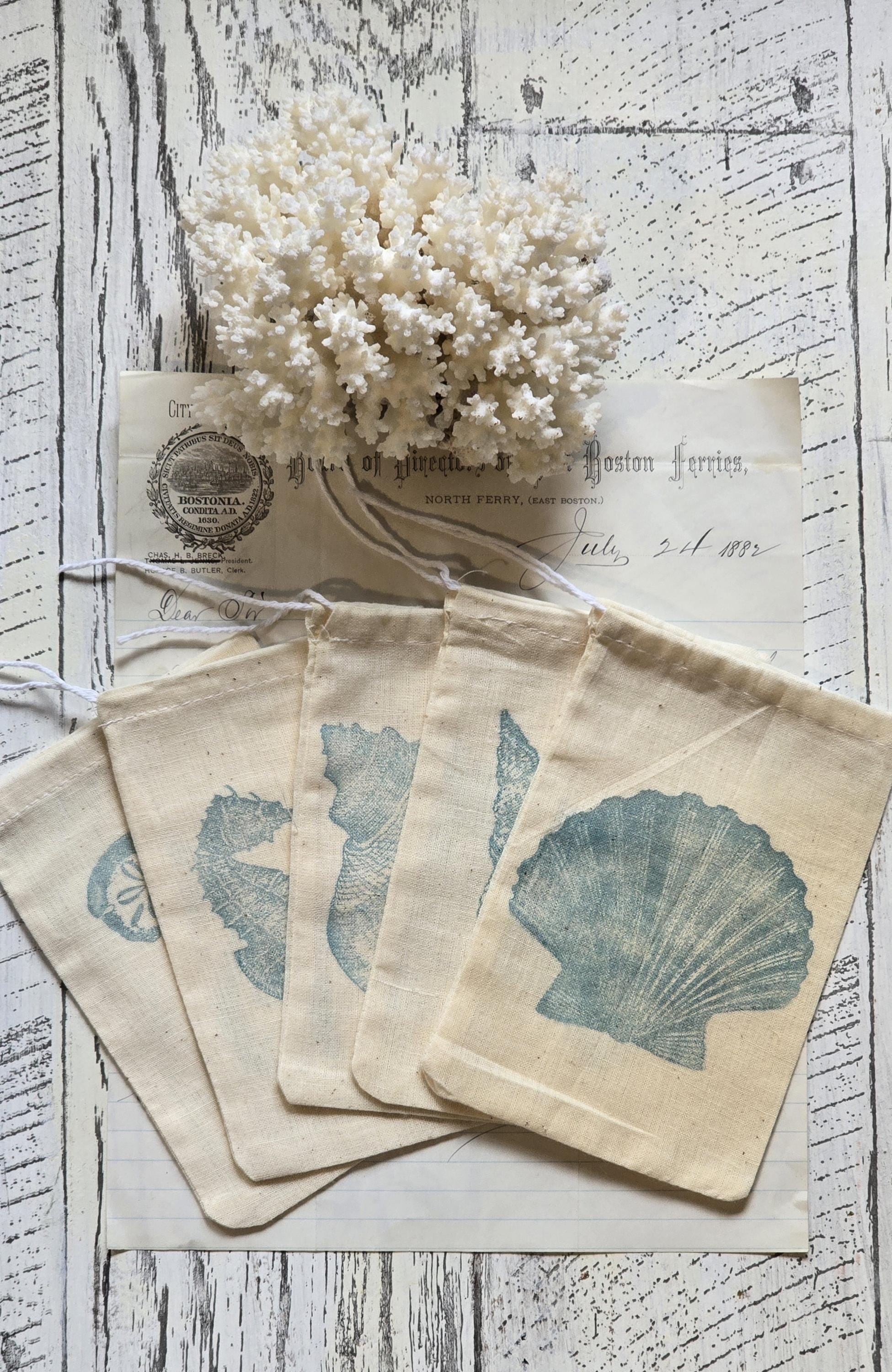 Handmade Muslin Gift Bags | Beach Cottage Handstamped Favor Bags | Seashore Seashells | Personalization Available  | Coastal Wedding Decor