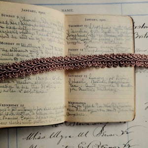 May include: A close-up of a vintage diary with handwritten entries for the month of January 1910. The diary is open to the week of January 9th through the 15th. The pages are yellowed with age and the ink is faded. The diary is bound in brown leather and has a ribbon bookmark.