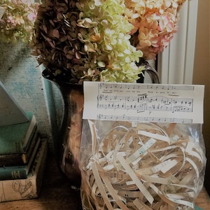 May include: A clear plastic bag filled with shredded sheet music. The bag is tied with a white ribbon and has a tag attached to it. The tag is a piece of sheet music with the words "Boat my love's one o'er the sea. Back again to me." printed on it. The bag is sitting on a wooden table next to a vase of dried hydrangeas.