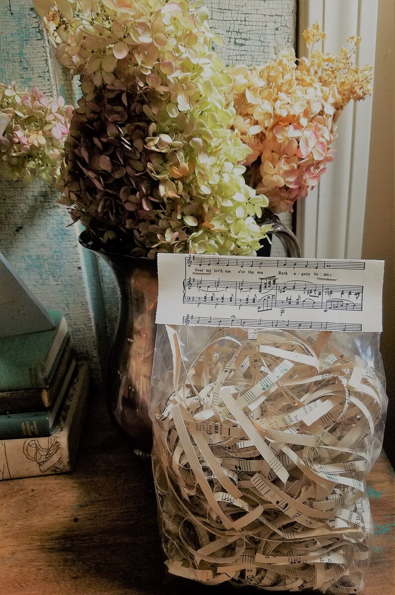 May include: A clear plastic bag filled with shredded sheet music. The bag is tied with a white ribbon and has a tag attached to it. The tag is a piece of sheet music with the words "Boat my love's one o'er the sea. Back again to me." printed on it. The bag is sitting on a wooden table next to a vase of dried hydrangeas.