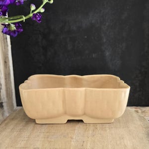 May include: A light brown ceramic planter with a rectangular shape and a wavy edge. The planter has four small feet and is designed to hold a small plant.