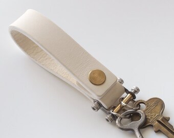 Keychain 02 / White  Genuine Leather, Key Holder, Key Fob, Leather Strap,