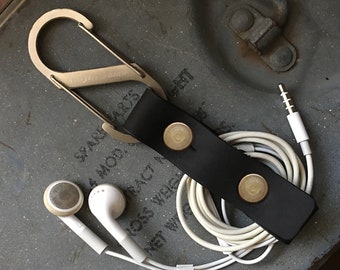 Genuine Leather Earbud Holder(Black)  Earphone Cord Holder USB Cable Holder Cable Organizer Cord Keeper iPhone Cord Wrap Headphone Earbuds