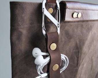 Genuine Leather Earbud Holder(Brown)  Earphone Cord Holder USB Cable Holder Cable Organizer Cord Keeper iPhone Cord Wrap Headphone Earbuds