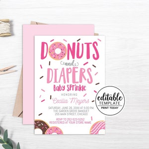 Editable Pink Donut Baby Sprinkle Invitation / Donuts & Diapers Baby Sprinkle / Donut Baby Shower / Baby Girl Sprinkle