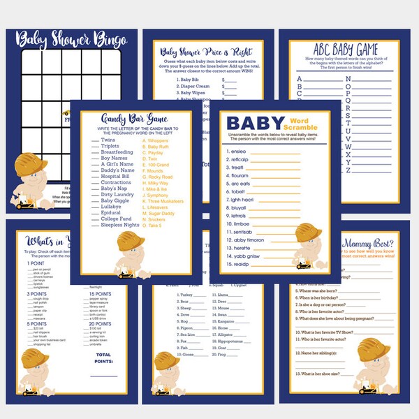 Construction Worker Baby Shower Games Package / 8 Printable Games / Boy Baby Shower Games, Baby in Hard Hat Shower, INSTANT DOWNLOAD 104