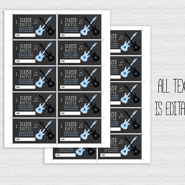 Rock a Bye Rock Star Blue Guitars Boy Baby Shower Diaper Raffle Cards / Rockstar Baby Shower Printable EDITABLE TEXT 020