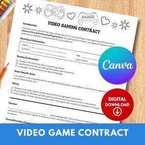 以下が含まれることがあります： ゲームコントローラーと星を含む、テキストとグラフィックが描かれた白い「ビデオゲーム契約」ドキュメント。ドキュメントには、参加者情報、ゲーム環境、安全ガイドラインのセクションが含まれています。