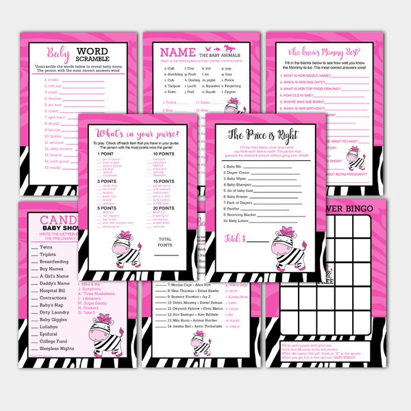 Pink Zebra Stripe Baby Shower Games Package, Girl Baby Shower Games, Jungle Baby Shower, INSTANT DOWNLOAD 113