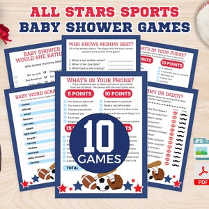 Sports Baby Shower All Stars Baby Shower Games, Baseball Baby Shower, Boy Baby Shower Games, Red White Navy Blue theme, Football Soccer