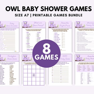 Purple Owl Baby Shower Games Package Bundle, 8 Printable Games, Boy or Girl Baby Shower Games Bingo, Who Knows Mommy, Price Game, Word Games