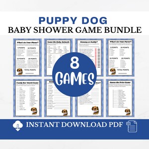 Puppy Dog Baby Shower Games, Printable Game Templates, What's In Your Phone, Who knows Mommy Best, Word Scramble, Guess the Price bs-106