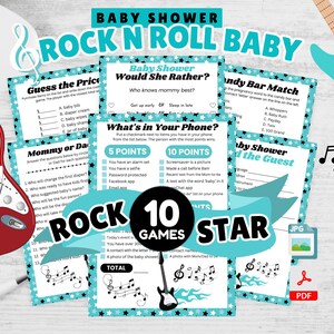 Teal Rock Star Baby Shower Games Package, 10 Printable Games, Rock Star theme Boy Baby Shower Games, Rocker Baby Shower, INSTANT DOWNLOAD
