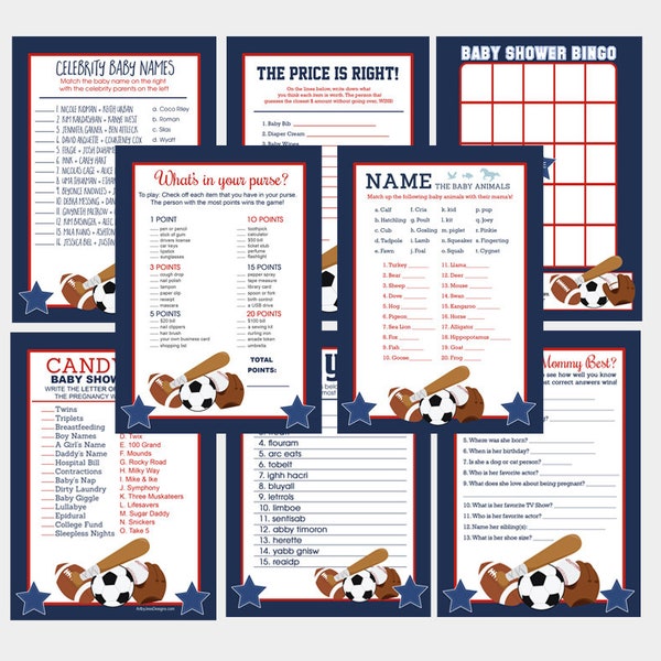 Sports Navy Red All Stars Baby Shower Games Package / 8 Printable Games / Boy Baby Shower Games, Sports Baby Shower, INSTANT DOWNLOAD 019