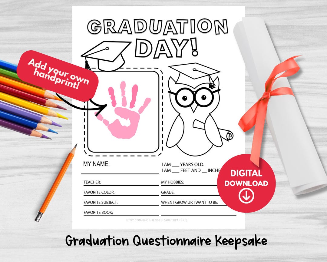 Kindergarten Graduation Handprint Questionnaire Keepsake, Owl in Grad ...