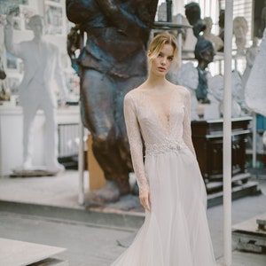 Ivory lace wedding dress // Silent Waterfall / Tulle bridal gown, V-neckline, hand embroidery, deep open back, mermaid skirt, long train image 2