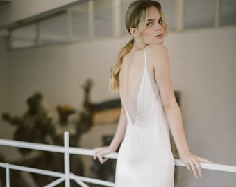 Ivory slip wedding dress // Midnight Raindrops / Silk satin wedding gown, simple bridal gown, deep open back, bohemian summer wedding dress