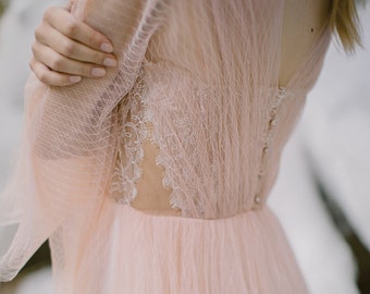 Blush wedding dress // Liquorice Sunrise / Tulle bridal gown, pleated mesh top, long silk chiffon skirt with long train, boho styled wedding