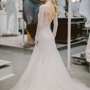 Ivory lace wedding dress // Silent Waterfall / Tulle bridal gown, V-neckline, hand embroidery, deep open back, mermaid skirt, long train image 3