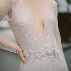 Ivory lace wedding dress // Silent Waterfall / Tulle bridal gown, V-neckline, hand embroidery, deep open back, mermaid skirt, long train image 4