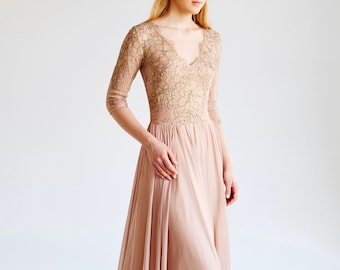 Ready to ship/ Rose gold lace and chiffon evening dress, beige dress, v-neckline dress, elbow sleeves, silk dress, prom gown, blush dress