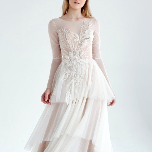 Ivory Mesh Wedding Dress// July/ Long-sleeved Wedding Dress - Etsy