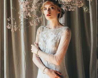 Lace wedding dress // Edel / Long sleeve bridal gown, open back wedding dress, gold embroidery dress with mermaid skirt and long train