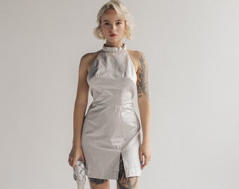 Silver grey bridesmaid dress, short cocktail dress with slit, open back dress, halter neck grey dress, Silver Mist by mywony bridal