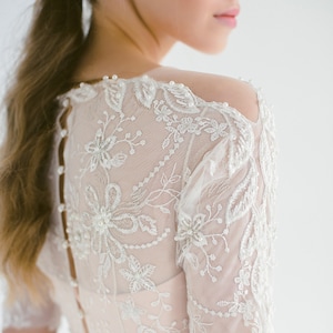 Lace wedding dress // Thalia / Tulle wedding gown, boat neckline wedding dress, modest bridal gown, buttons on back, classic wedding image 1