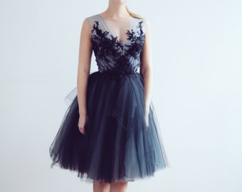 Short tulle evening dress // Calypso Nightfall/ Little black dress , lace reception gown, embroidered lace top, party dress, ball gown