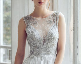 Silver gray wedding dress // Lobelia new/ Silk wedding gown, open back wedding dress, lace wedding dress, sleeveless bohemian bridal gown