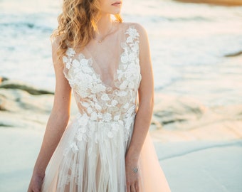 Lace wedding dress// May/ Tulle wedding gown, ivory wedding dress, lace bridal gown, lace embroidered top, bohemian wedding, long train