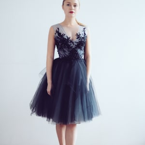 Short tulle evening dress // Calypso Nightfall/ Little black dress , lace reception gown, embroidered lace top, party dress, ball gown