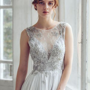 Silver gray wedding dress // Lobelia new/ Silk wedding gown, open back wedding dress, lace wedding dress, sleeveless bohemian bridal gown image 1