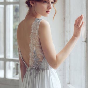 Silver gray wedding dress // Lobelia new/ Silk wedding gown, open back wedding dress, lace wedding dress, sleeveless bohemian bridal gown image 4