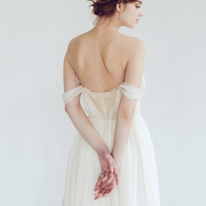 Off-shoulder wedding dress // Aura / Silk wedding gown, ivory bridal gown, slit dress, sweetheart corset wedding dress, bohemian wedding