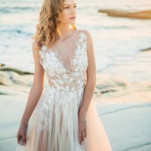 Lace wedding dress// May/ Tulle wedding gown, ivory wedding dress, lace bridal gown, lace embroidered top, bohemian wedding, long train