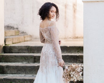 Lace and tulle wedding dress//November/ Blush-nude wedding dress, ivory tulle bridal gown, beaded wedding dress, mermaid skirt bridal dress