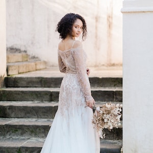 Lace and tulle wedding dress//November/ Blush-nude wedding dress, ivory tulle bridal gown, beaded wedding dress, mermaid skirt bridal dress image 1