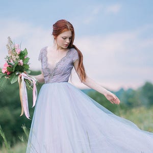 Tulle wedding dress // Lavanda / Lace wedding dress, cup sleeves bridal gown, alternative wedding, bohemian wedding gown, V neck dress
