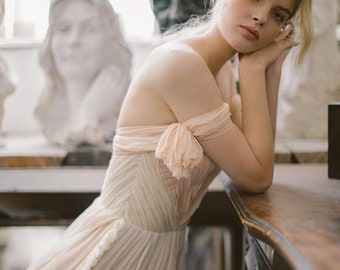 Blush silk wedding gown // Limestone Forest / Crash silk wedding dress, off-shoulder wedding dress, chiffon bridal gown, sweetheart corset