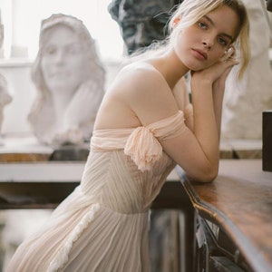 Blush silk wedding gown // Limestone Forest / Crash silk wedding dress, off-shoulder wedding dress, chiffon bridal gown, sweetheart corset